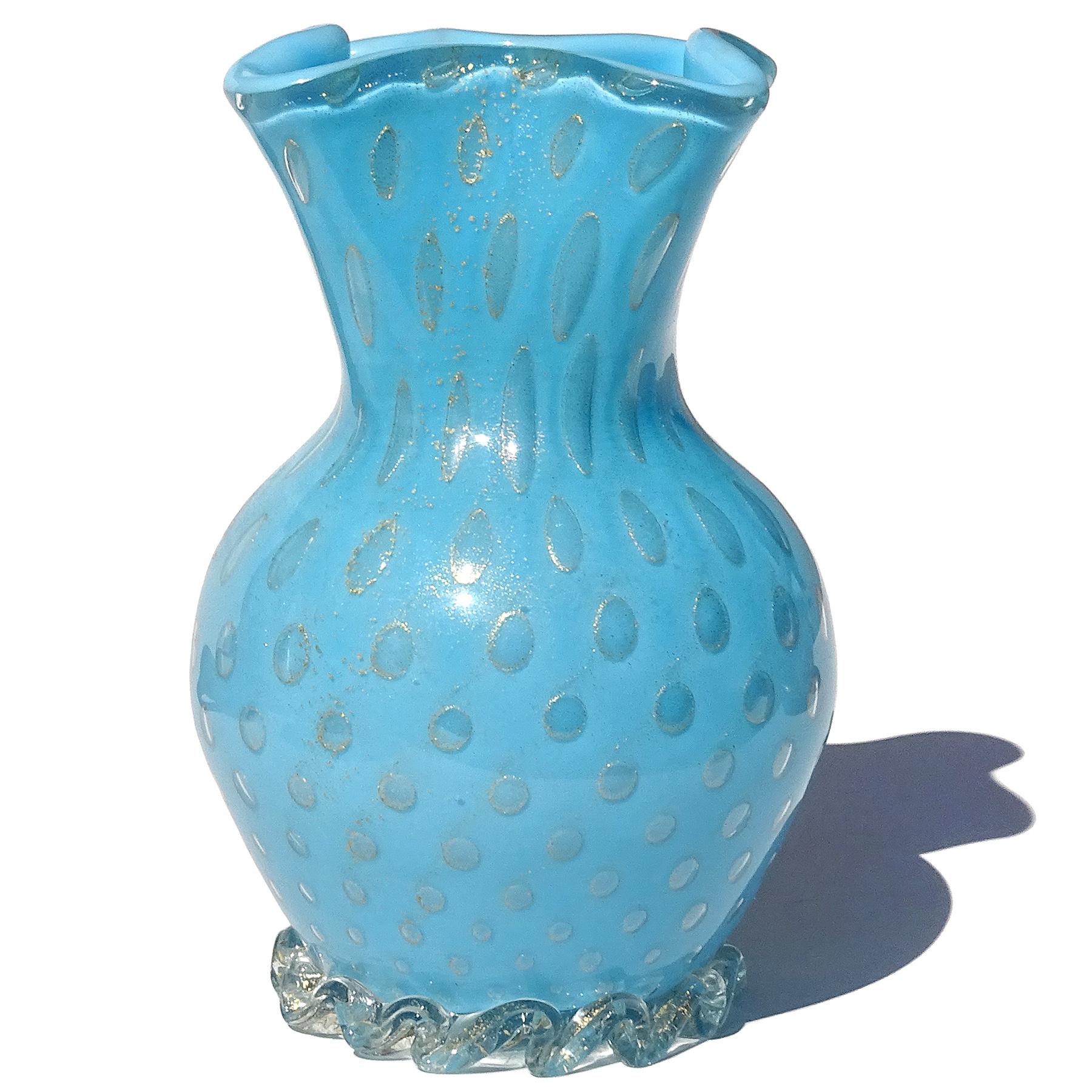 Mid-Century Modern Barbini Murano Blue Gold Flecks Control Bubbles Italian Art Glass Flower Vase For Sale