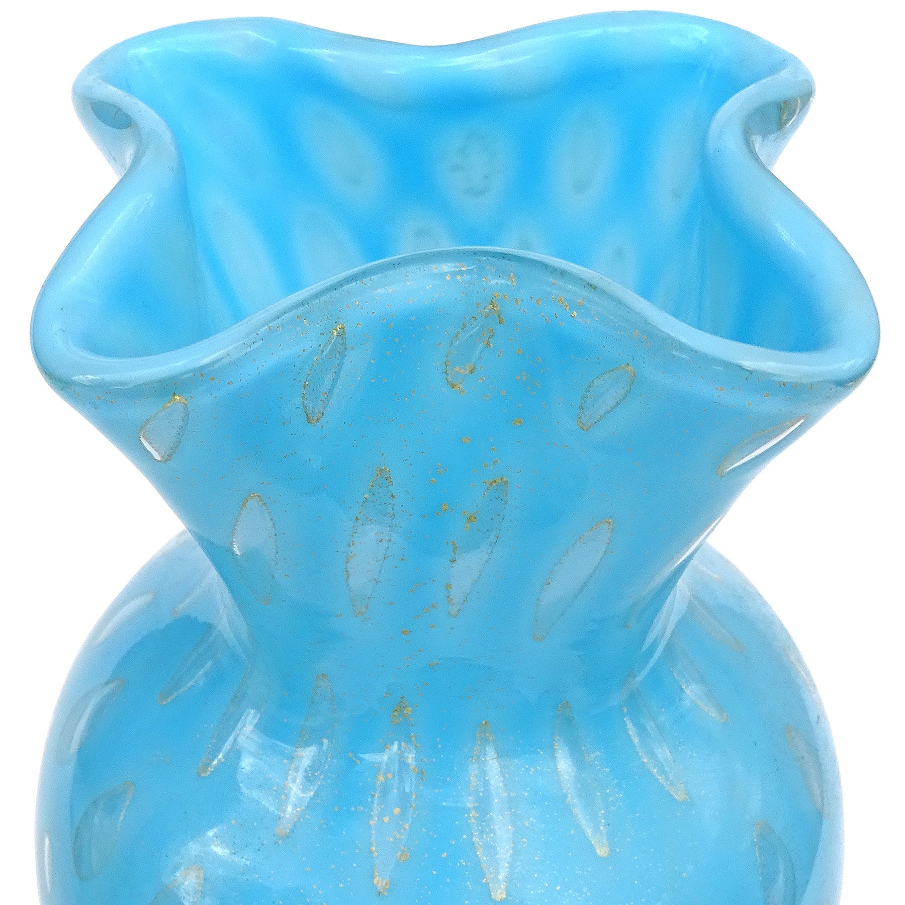 Hand-Crafted Barbini Murano Blue Gold Flecks Control Bubbles Italian Art Glass Flower Vase For Sale