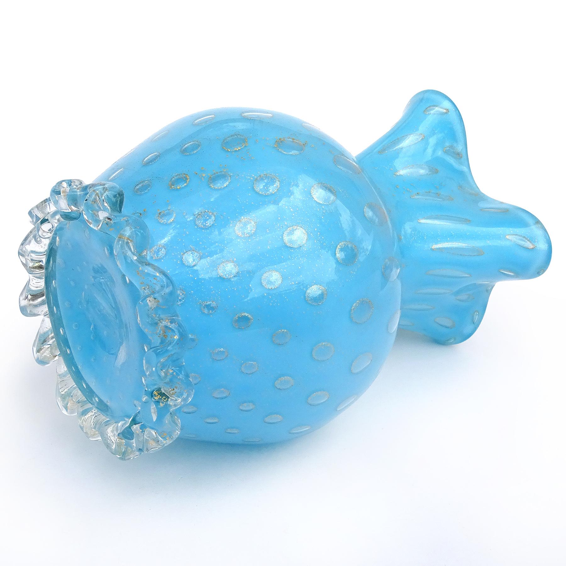 Barbini Murano Blue Gold Flecks Control Bubbles Italian Art Glass Flower Vase For Sale 1