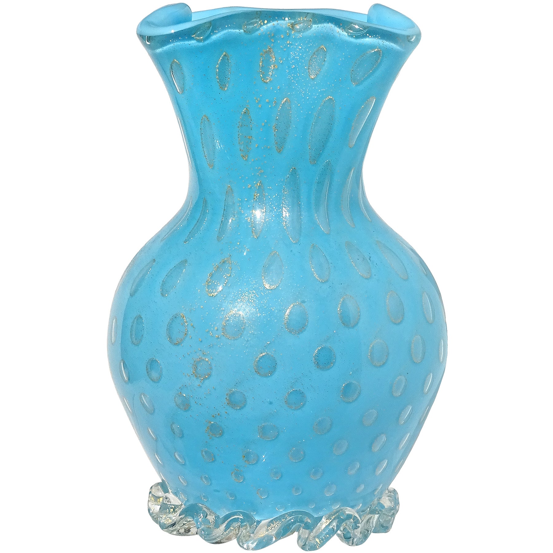 Barbini Murano, vase à fleurs en verre d'art italien bleu, mouchetures d'or et bulles de contrôle