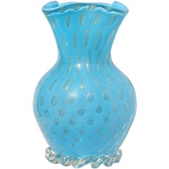Barbini Murano Blue Gold Flecks Control Bubbles Italian Art Glass Flower Vase