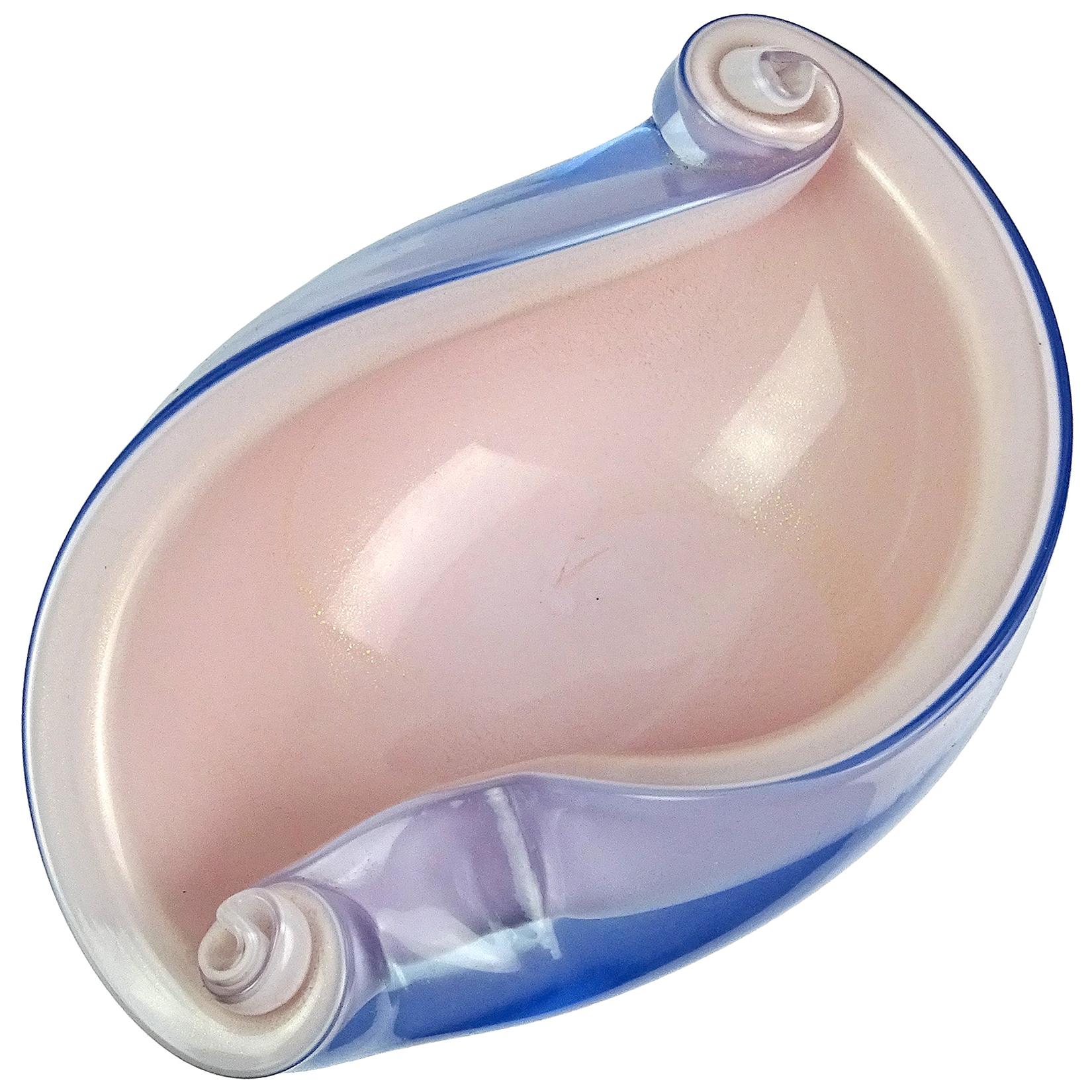 Barbini Murano Blue Lilac Pink Gold Flecks Italian Art Glass Seashell Bowl