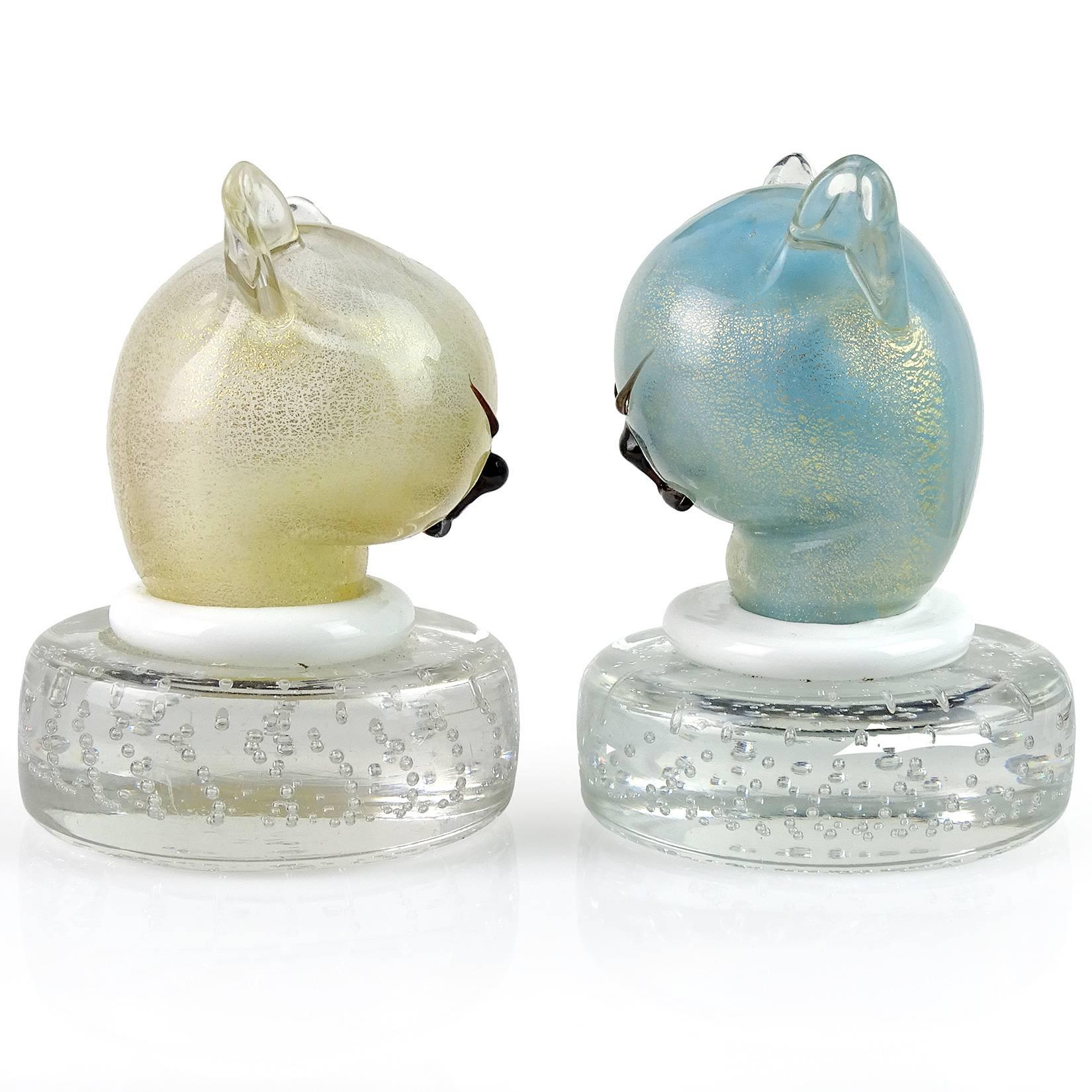 Priced per item (2 colors available) - Beautiful and very cute, vintage Murano hand blown blue and white Italian art glass kitty cat head paperweights. Documented to designer Alfredo Barbini. Both are profusely covered in gold leaf, with white