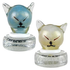 Barbini Murano Blue White Gold Flecks Italian Art Glass Kitty Cat Paperweights