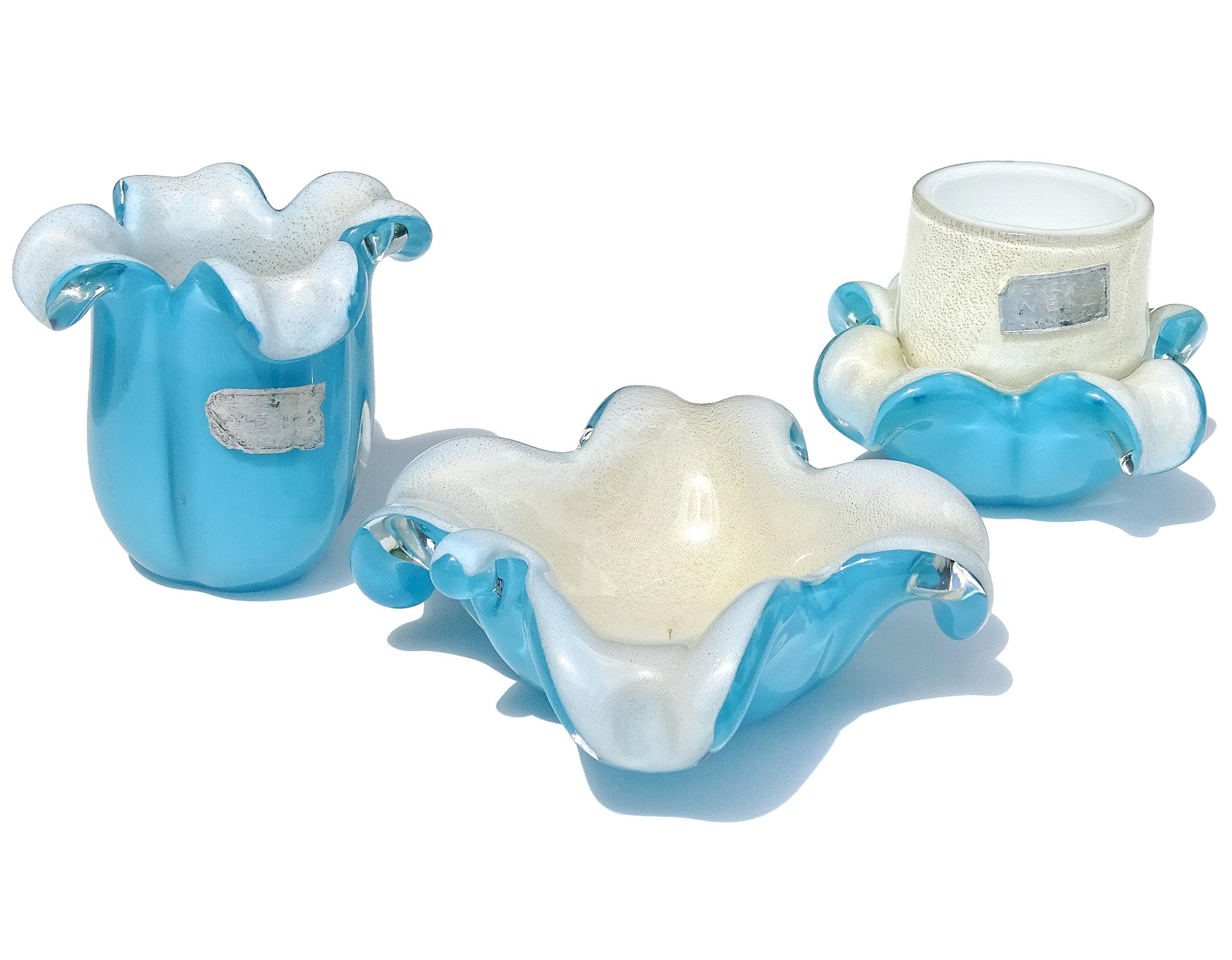 Beautiful vintage set of Murano hand blown sky blue over white and gold flecks Italian art glass leaf and flower shaped ashtray / dish, and cigarette / toothpick holders. Documented to designer Alfredo Barbini, and published in his Weil Ceramics and
