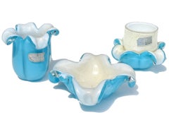 Barbini Murano Blue White Gold Italian Art Glass Bowl Toothpick Holder Desk Set