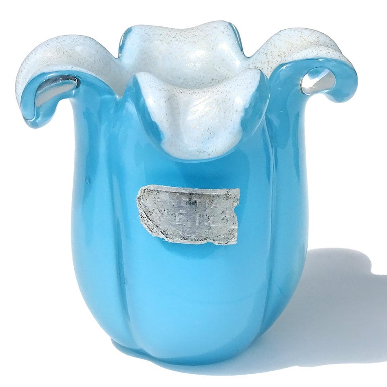 Barbini Murano Blue White Gold Italian Art Glass Bowl Toothpick Holder