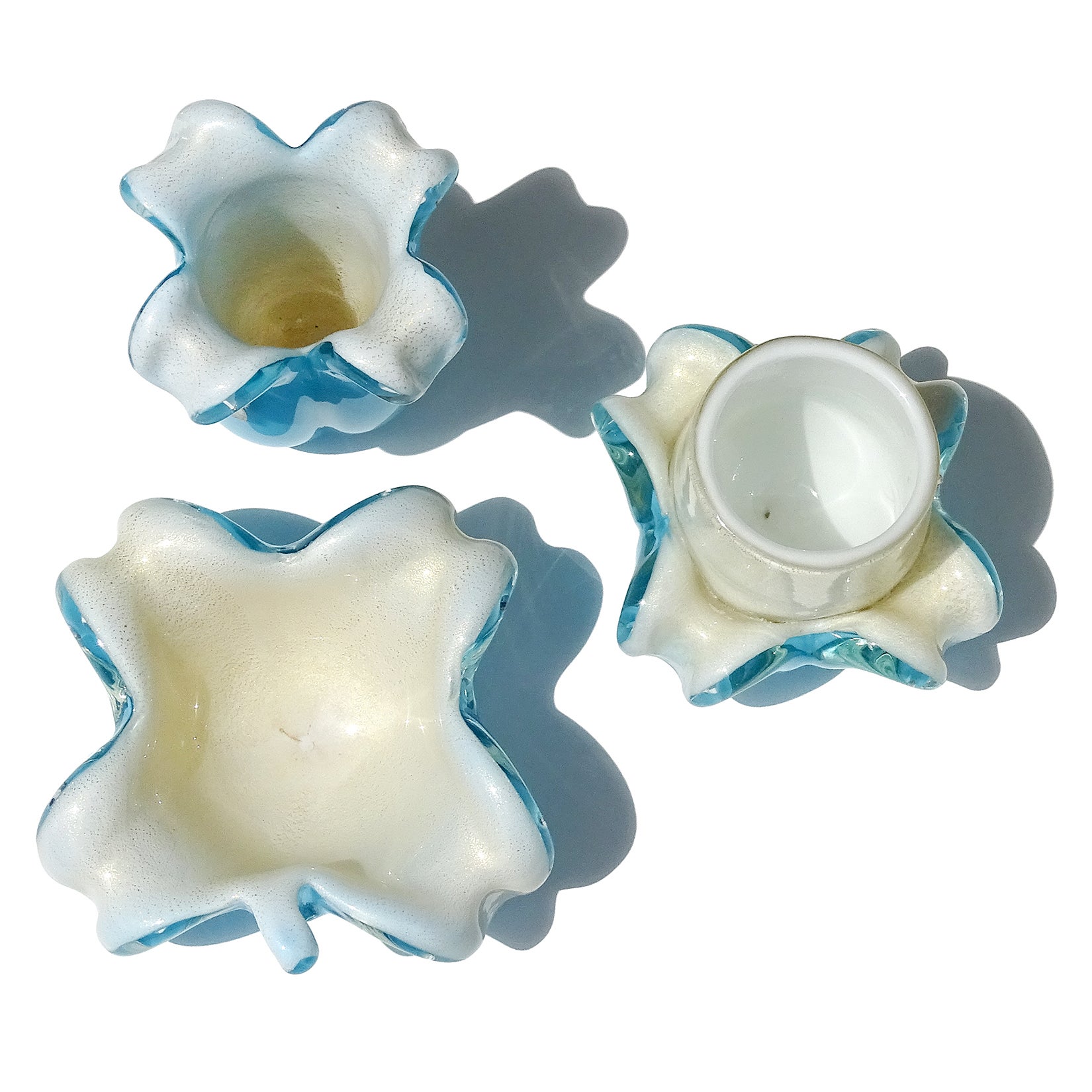 Barbini Murano Blue White Gold Italian Art Glass Bowl Toothpick Holder Desk Set For Sale 1