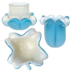 Barbini Murano Blue White Gold Italian Art Glass Bowl Toothpick Holder Desk Set