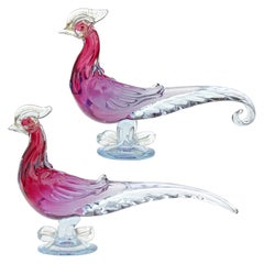 Barbini Murano Cranberry Purple Blue Sommerso Italian Art Glass Bird Sculptures