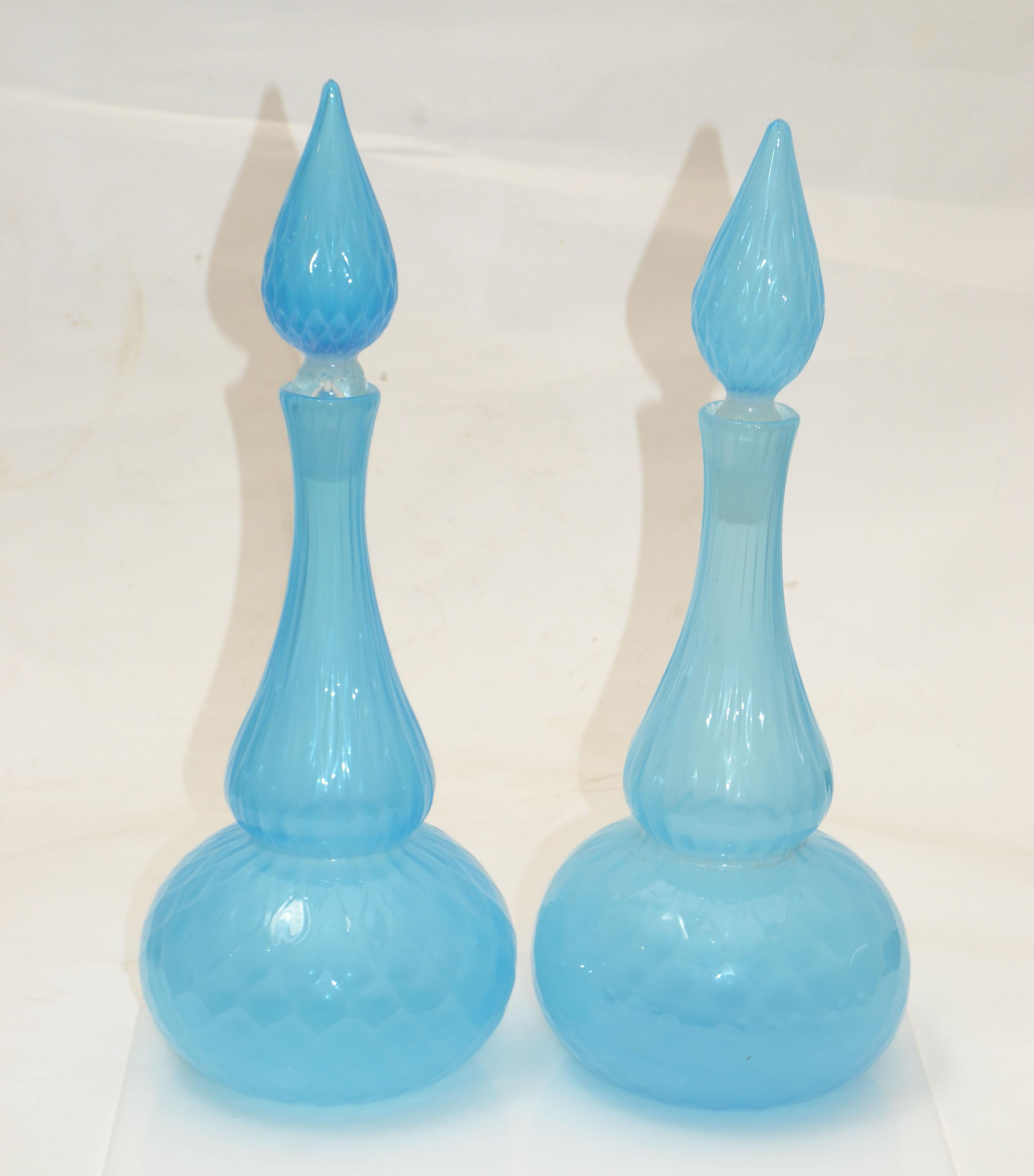 Barbini Murano Faceted Light Blue Art Glass Vessel Decanter With Stopper, Pair For Sale 6