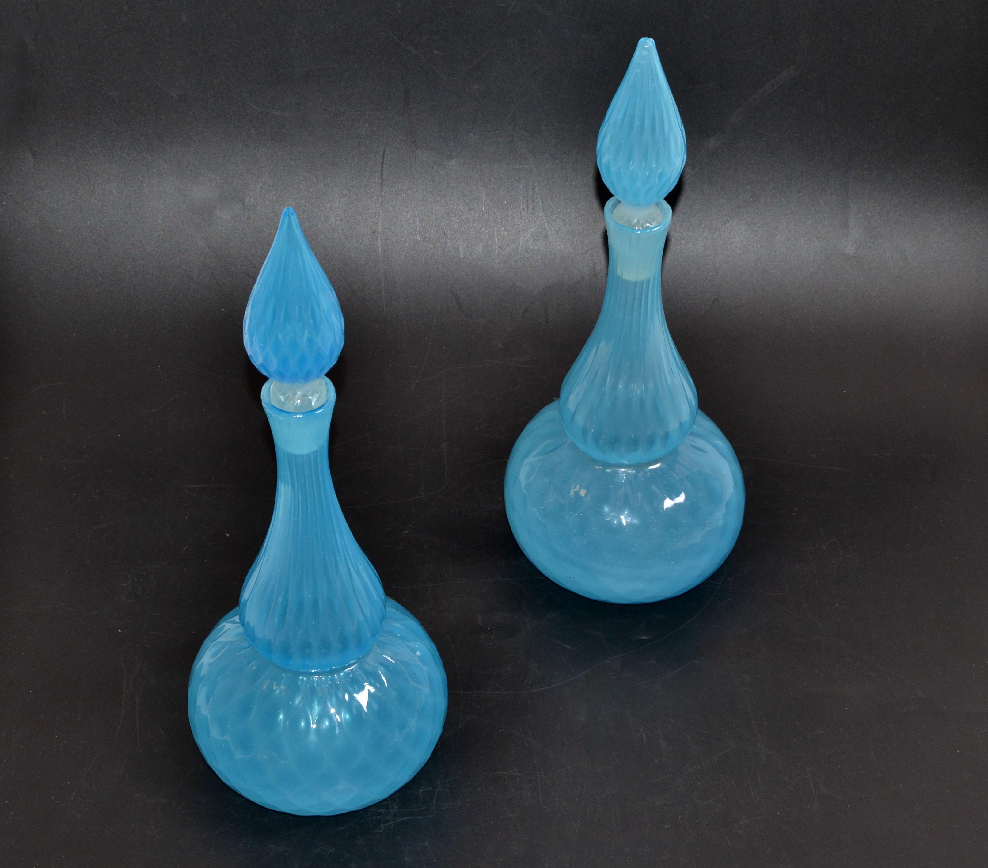 Mid-Century Modern Barbini Murano Faceted Light Blue Art Glass Vessel Decanter With Stopper, Pair For Sale