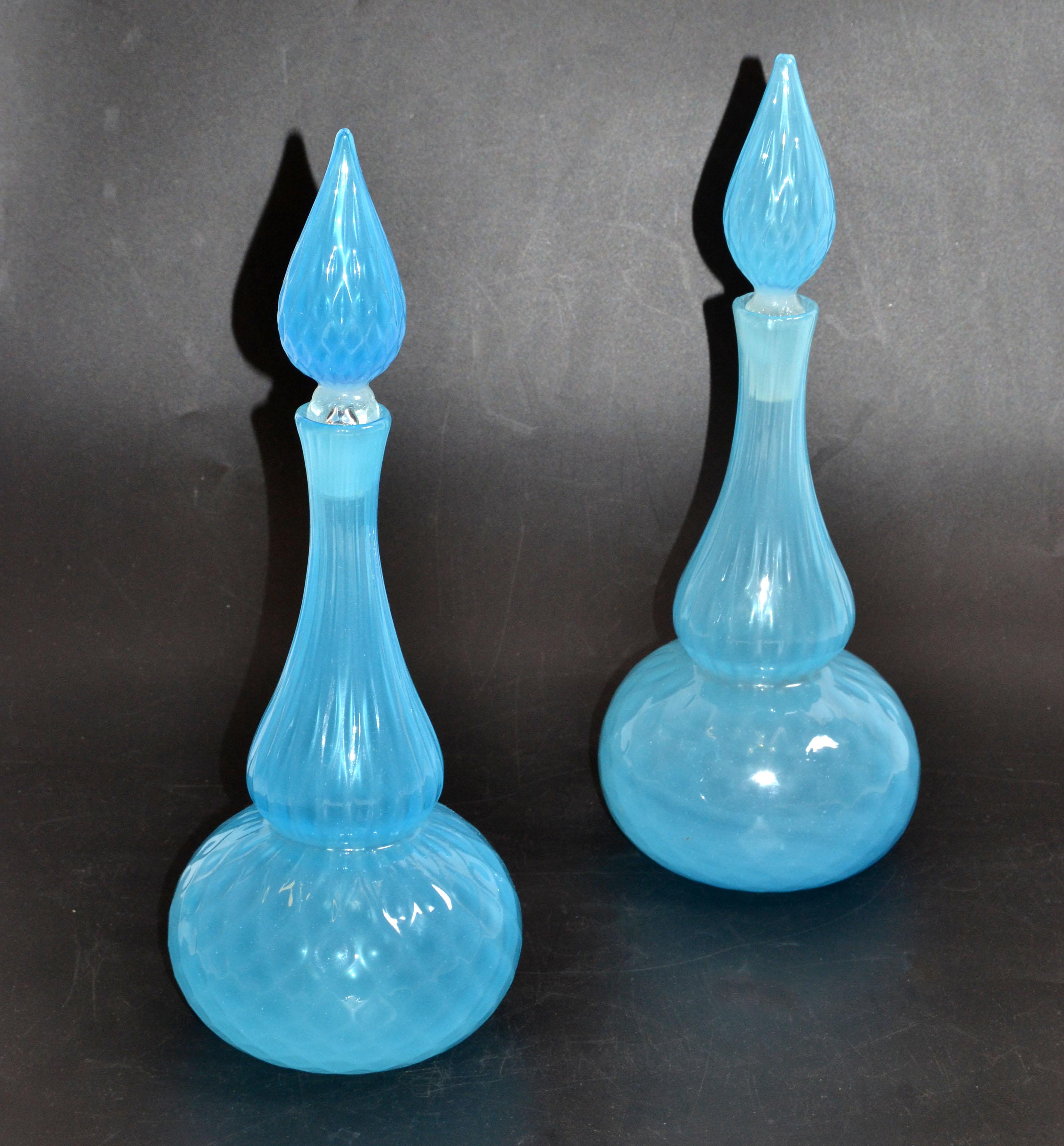 Italian Barbini Murano Faceted Light Blue Art Glass Vessel Decanter With Stopper, Pair For Sale