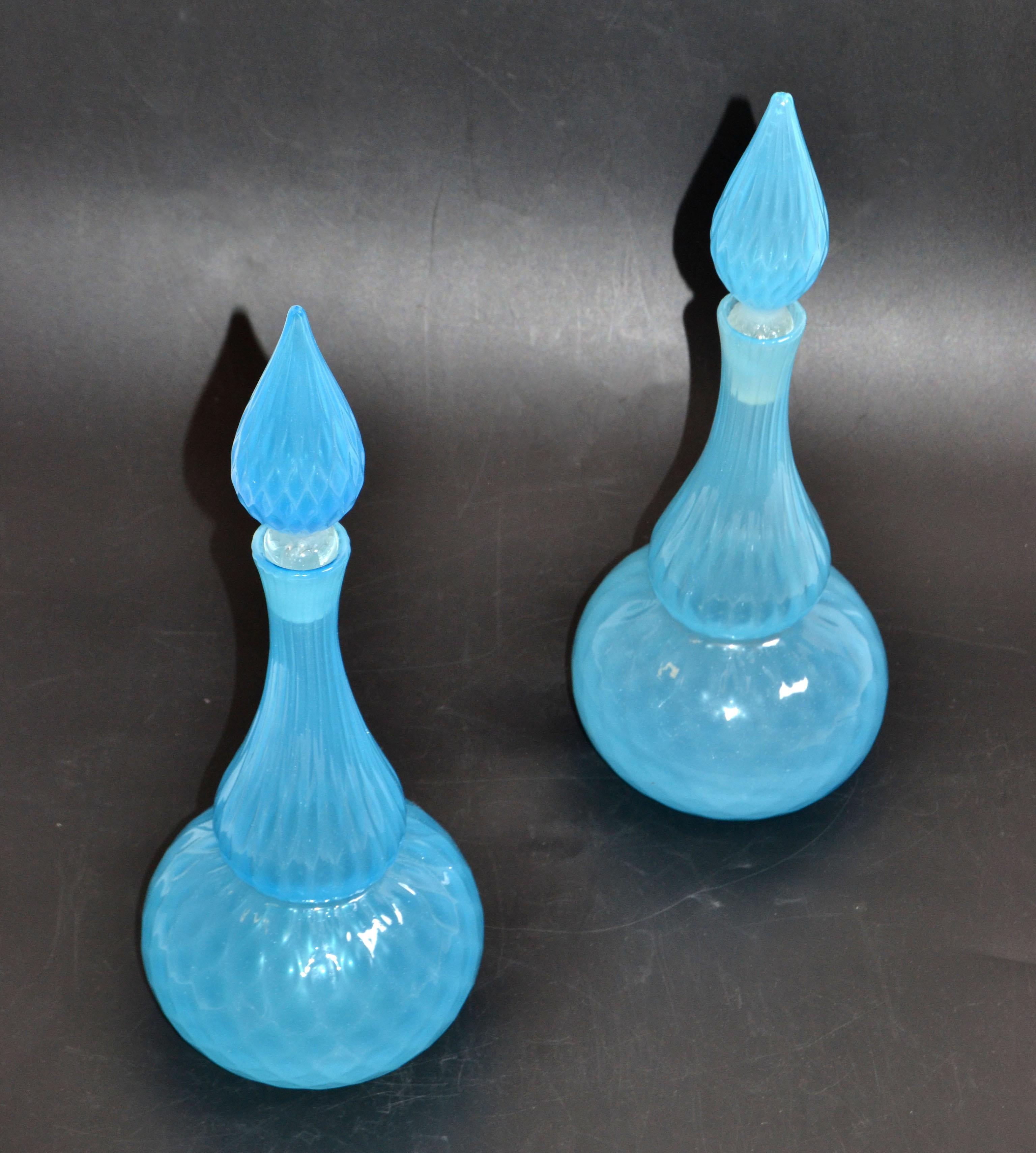 Hand-Crafted Barbini Murano Faceted Light Blue Art Glass Vessel Decanter With Stopper, Pair For Sale