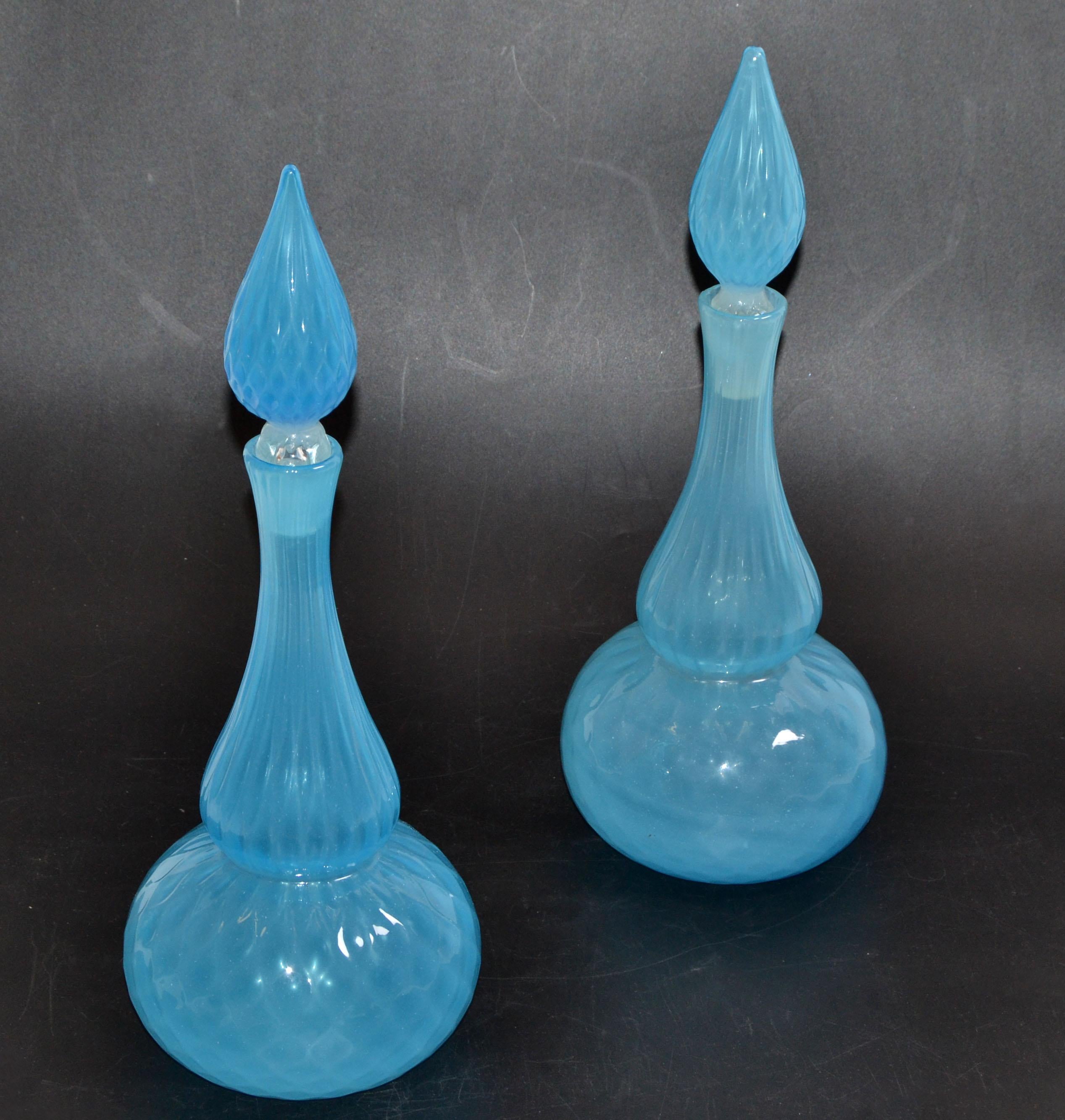 Barbini Murano Faceted Light Blue Art Glass Vessel Decanter With Stopper, Pair In Good Condition For Sale In Miami, FL