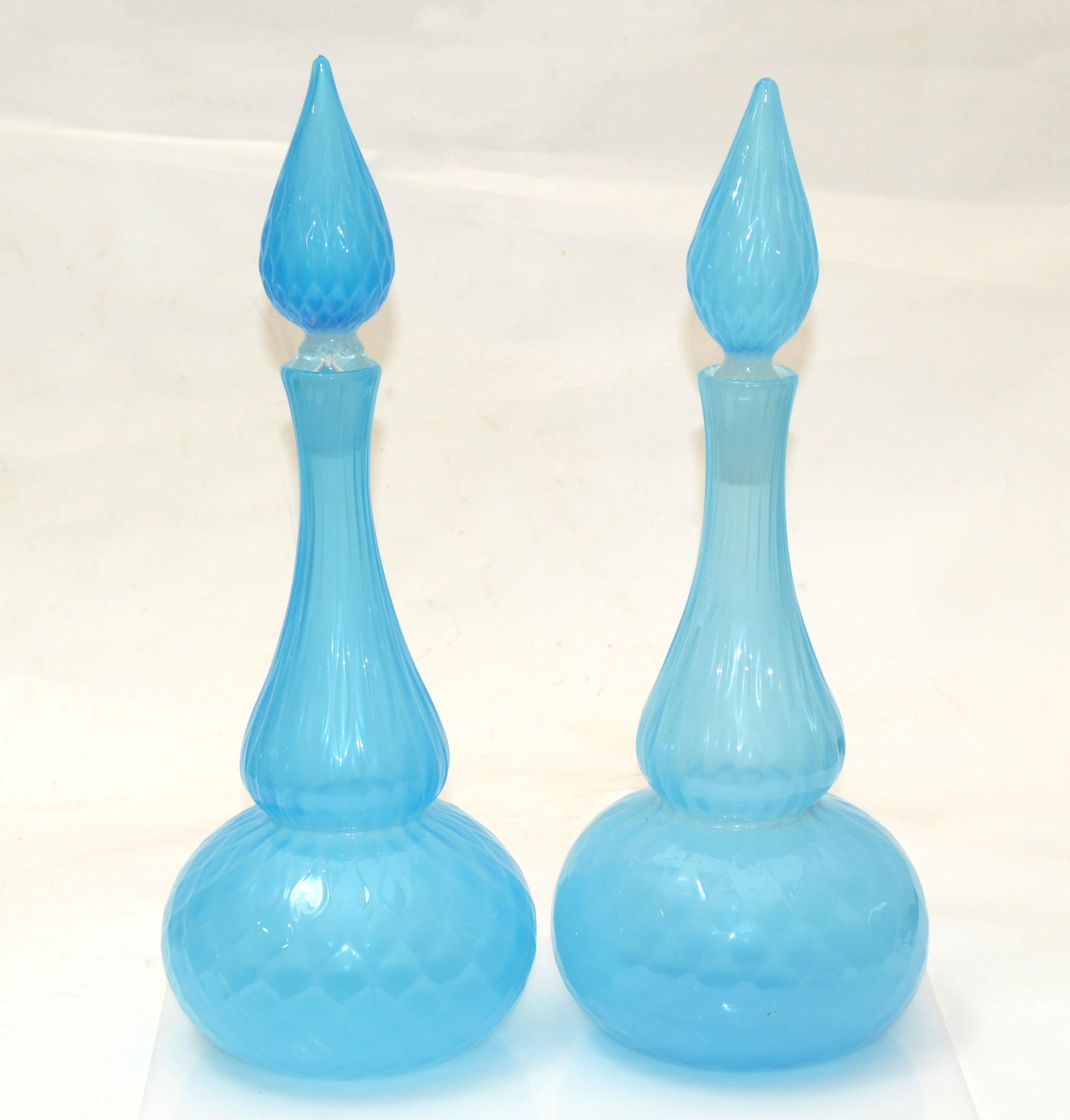 20th Century Barbini Murano Faceted Light Blue Art Glass Vessel Decanter With Stopper, Pair For Sale
