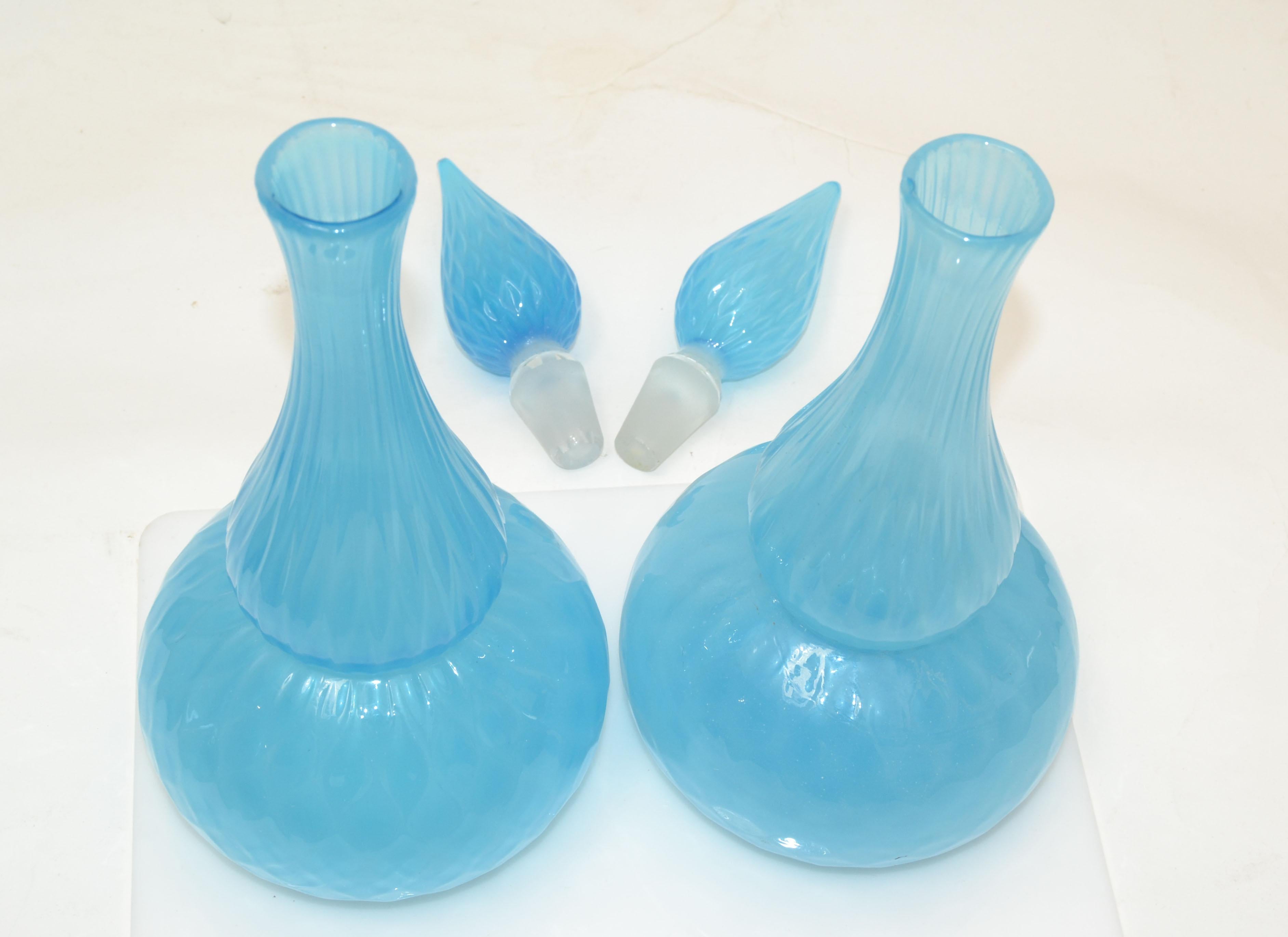 Blown Glass Barbini Murano Faceted Light Blue Art Glass Vessel Decanter With Stopper, Pair For Sale