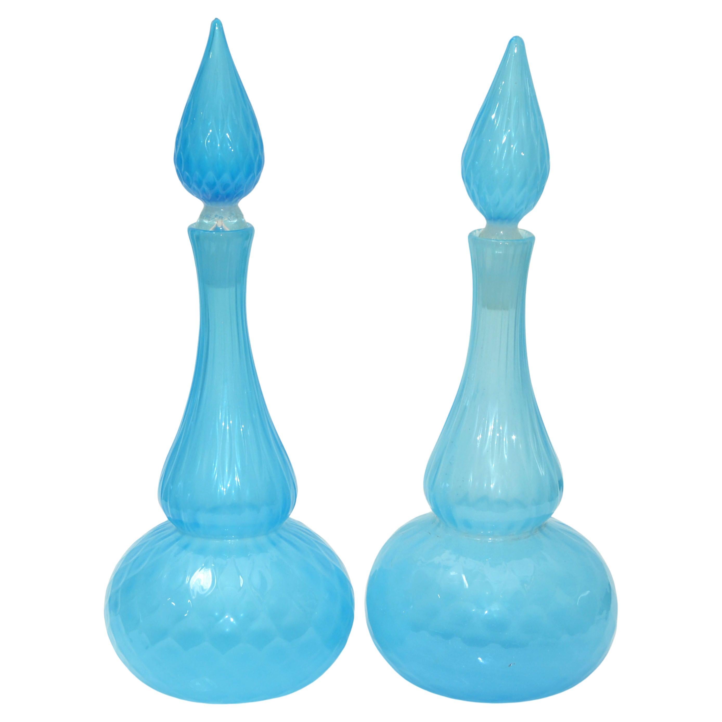 Barbini Murano Faceted Light Blue Art Glass Vessel, Decanter & Stopper, Pair