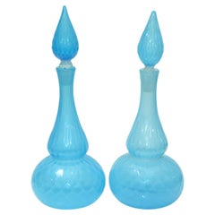 Vintage Barbini Murano Faceted Light Blue Art Glass Vessel Decanter With Stopper, Pair