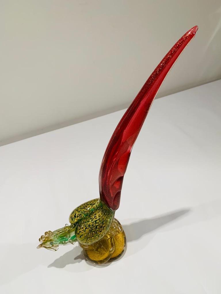 Incredible BARBINI sculpture in Murano glass green, red and gold with air bubbles and applied glass circa 1950. Unique piece.