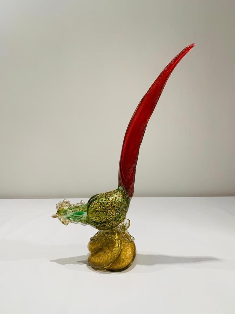 Italian Barbini Murano glass green, red and gold with bubbles circa 1950 large cock. For Sale