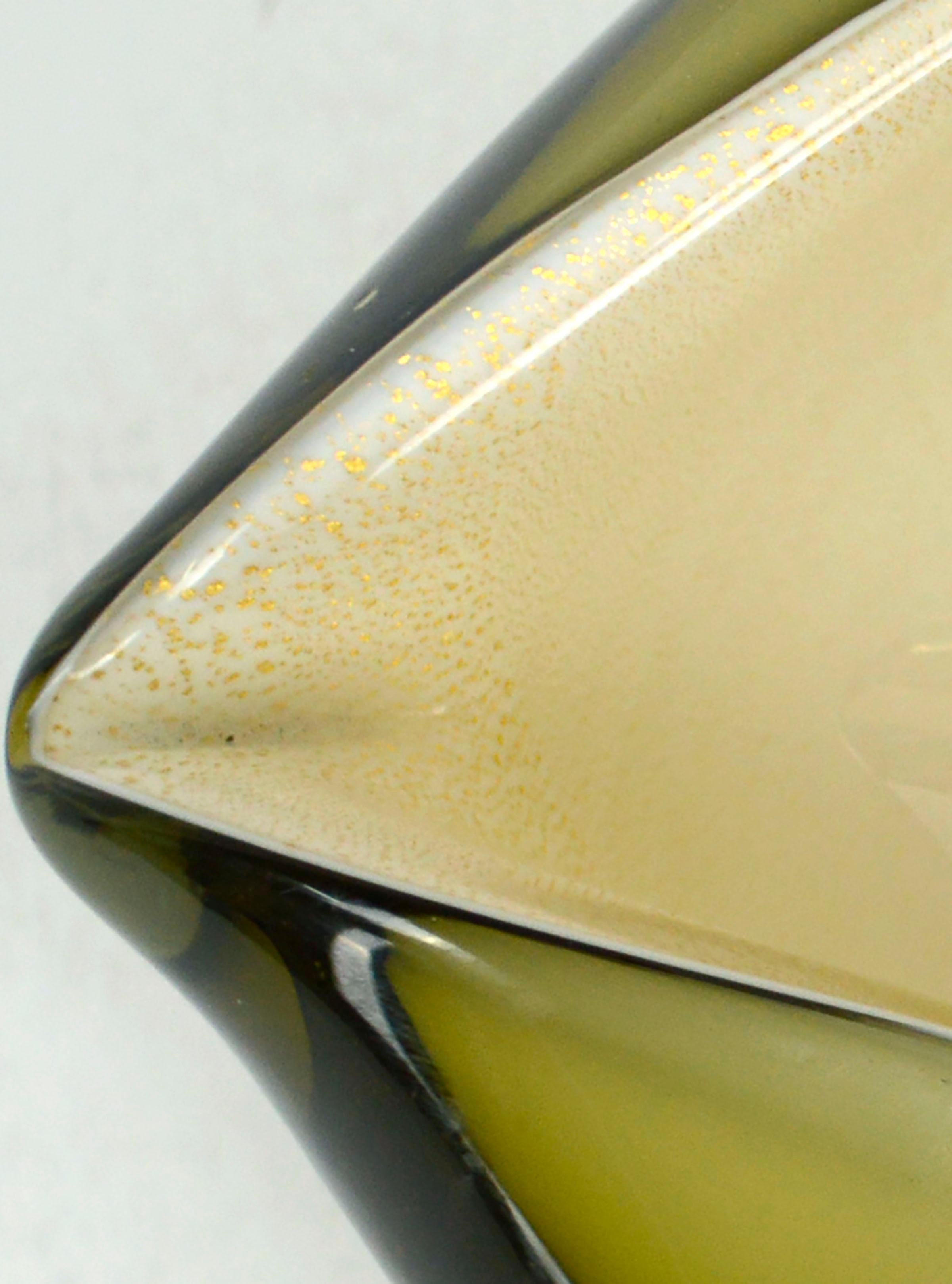 Barbini Murano Glass Olive Green / Yellow Ochre Heart Shaped Bowl Ash Tray Dish For Sale 1