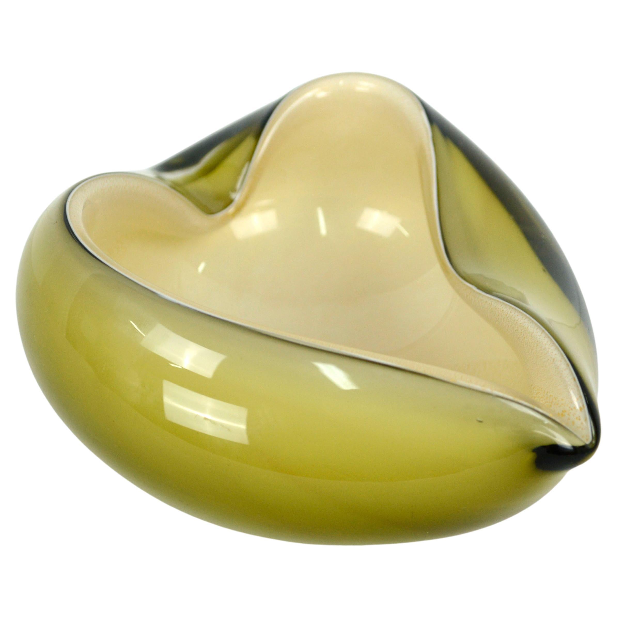 Barbini Murano Glass Olive Green / Yellow Ochre Heart Shaped Bowl Ash Tray Dish For Sale