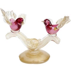 Barbini Murano Gold Flecks Cranberry Pink Italian Art Glass Birds Sculpture