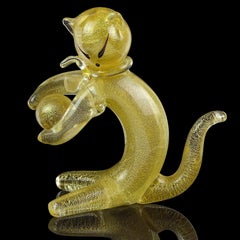Barbini Murano Gold Flecks Italian Art Glass Kitty Cat Playing Figure Sculpture