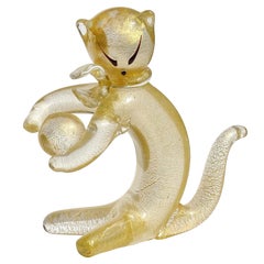 Barbini Murano Gold Flecks Italian Art Glass Kitty Cat Playing Figure Sculpture