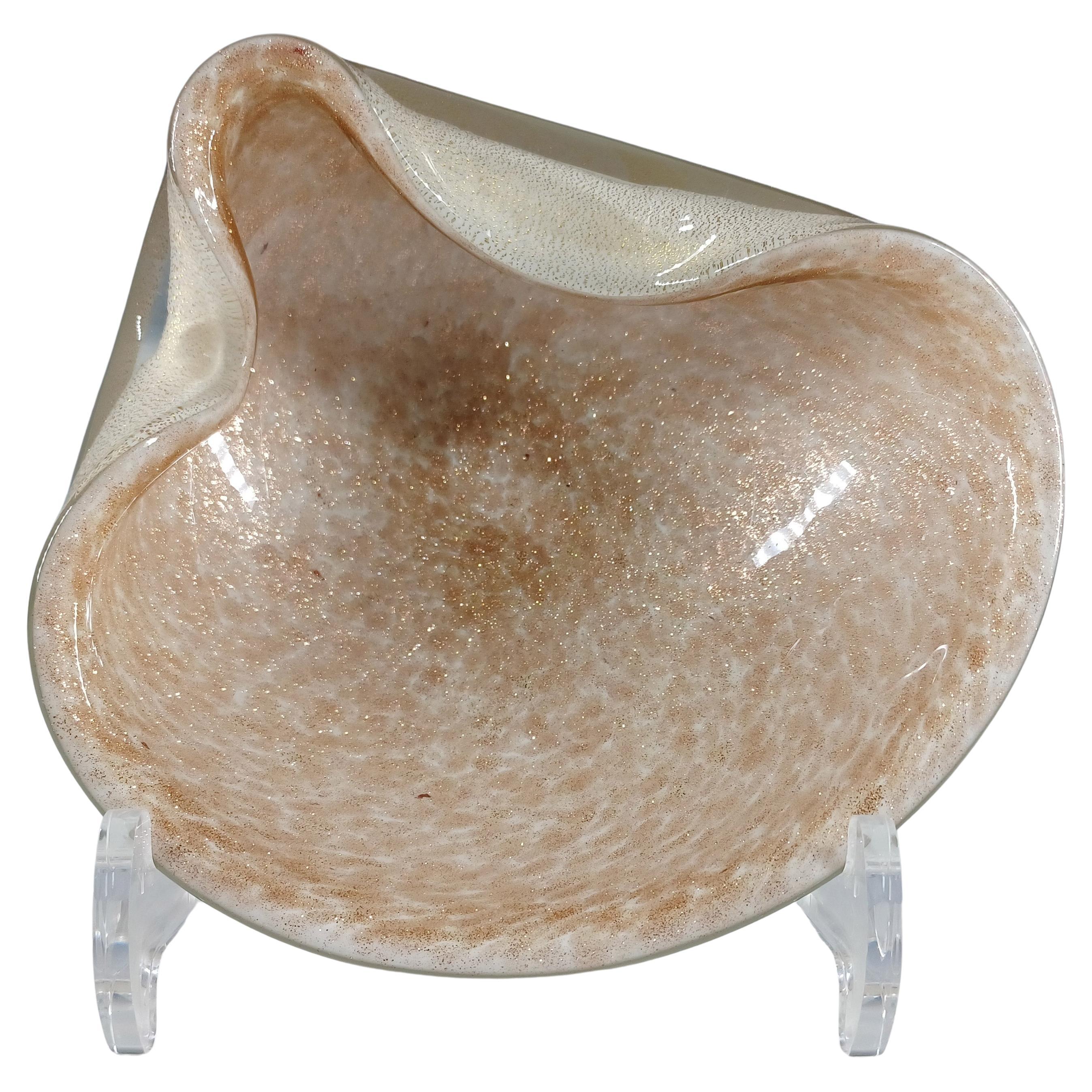 Barbini Murano Gold Leaf & Aventurine Biomorphic Glass Bowl For Sale
