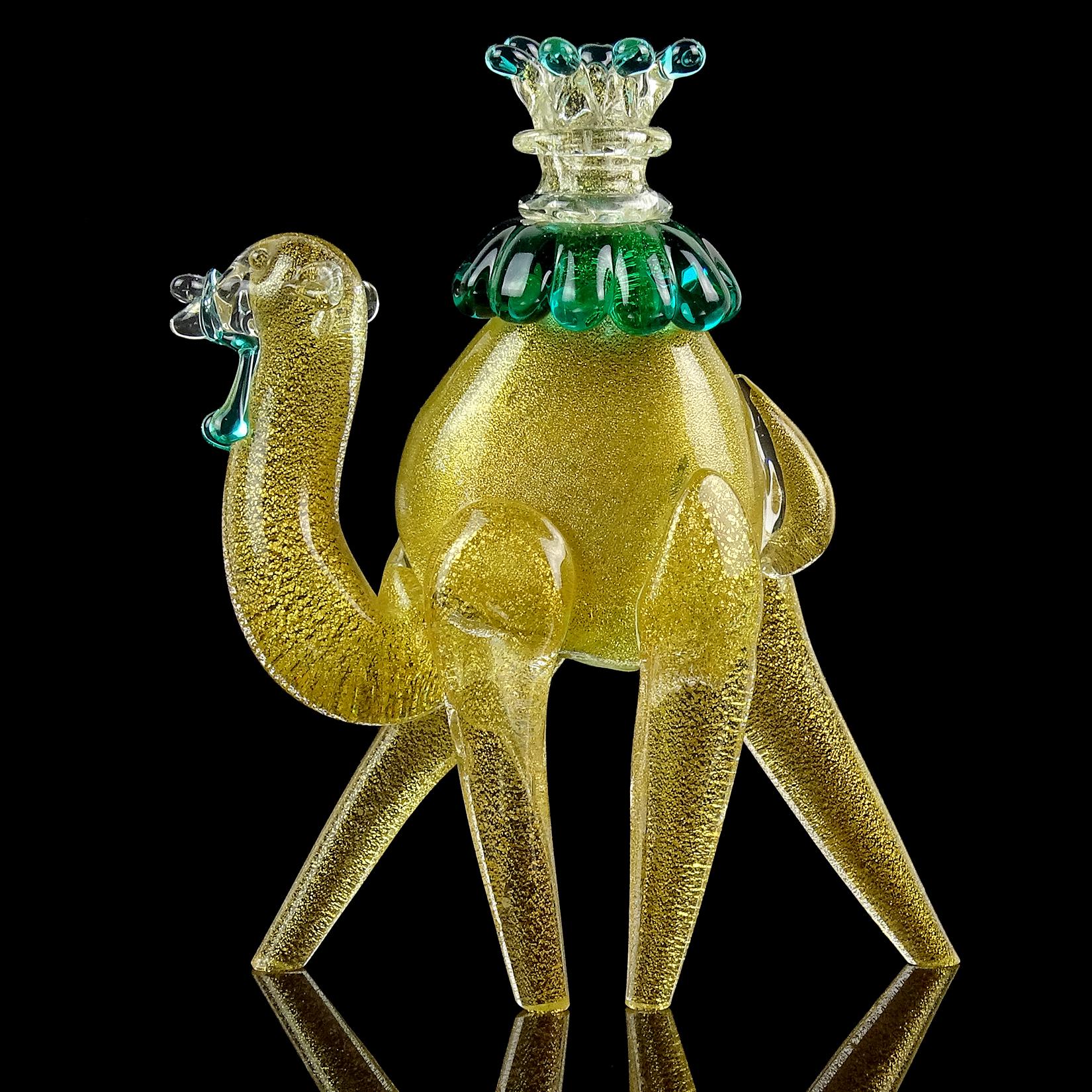 Mid-Century Modern Barbini Murano Green Gold Flecks Italian Art Glass Camel Sculpture Figurine