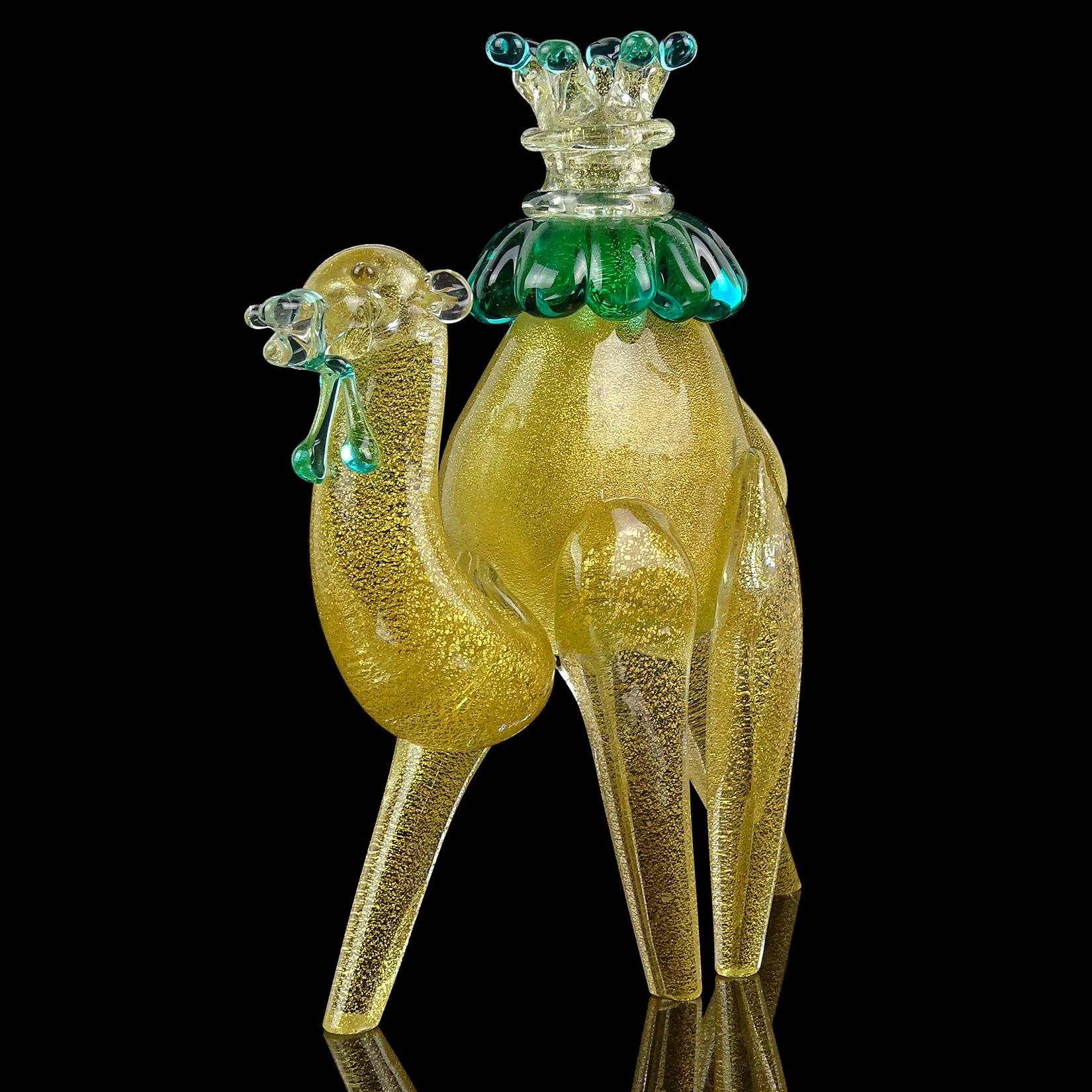 20th Century Barbini Murano Green Gold Flecks Italian Art Glass Camel Sculpture Figurine