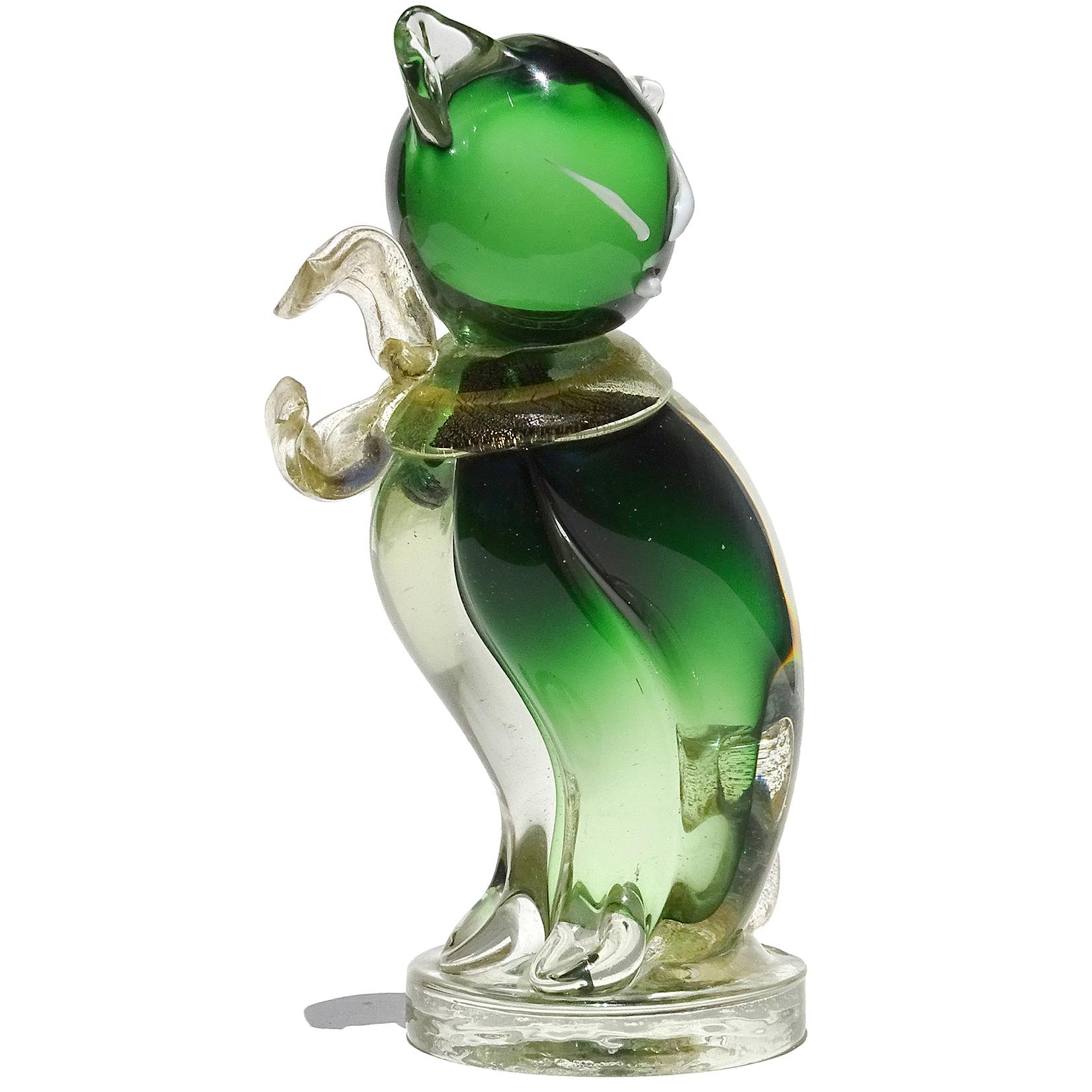 Mid-Century Modern Barbini Murano Green Gold Flecks Italian Art Glass Kitty Cat Sculpture Figurine