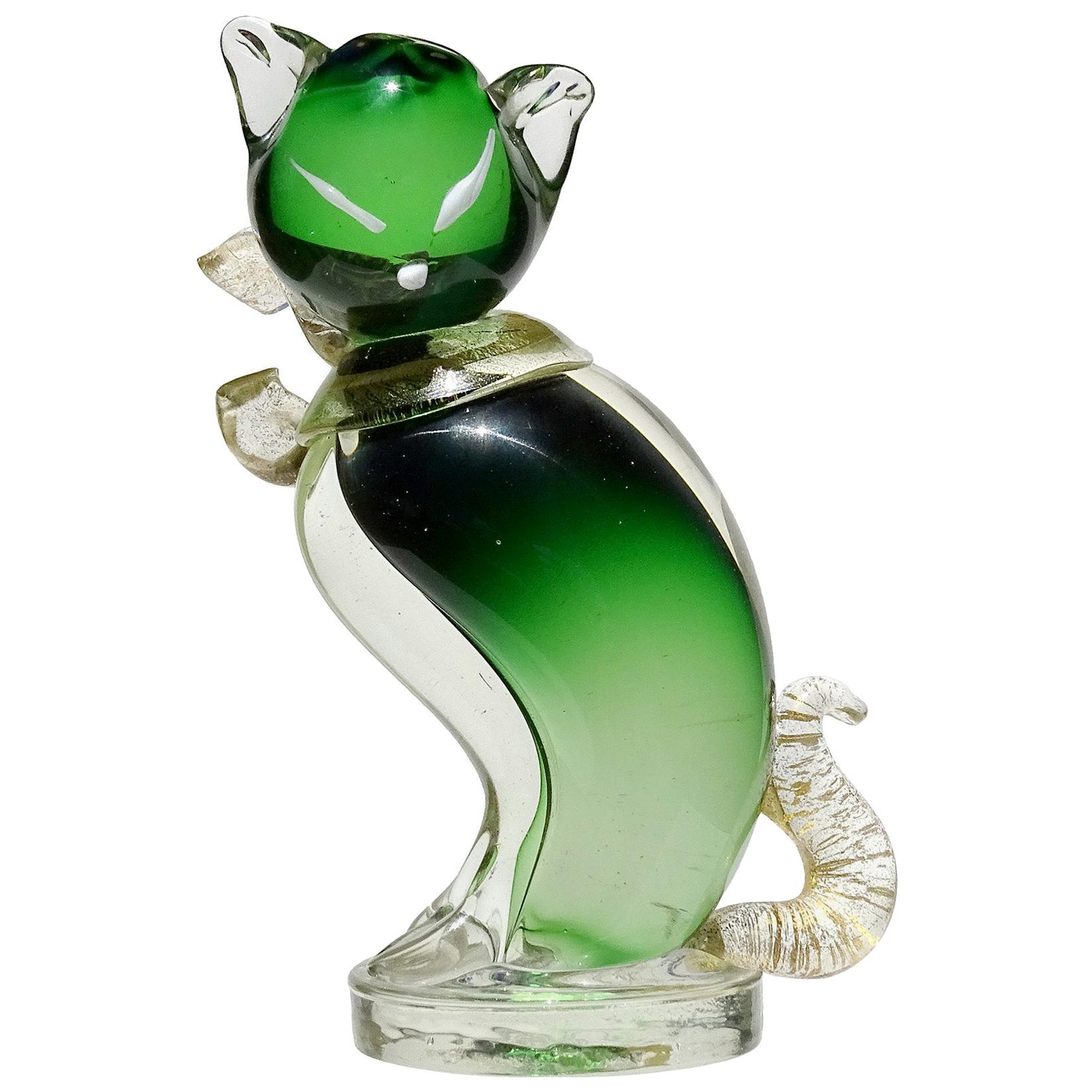 Barbini Murano Green Gold Flecks Italian Art Glass Kitty Cat Sculpture Figurine