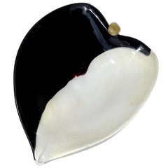 Barbini Murano Half Black White Gold Flecks Italian Art Glass Heart Shape Bowl