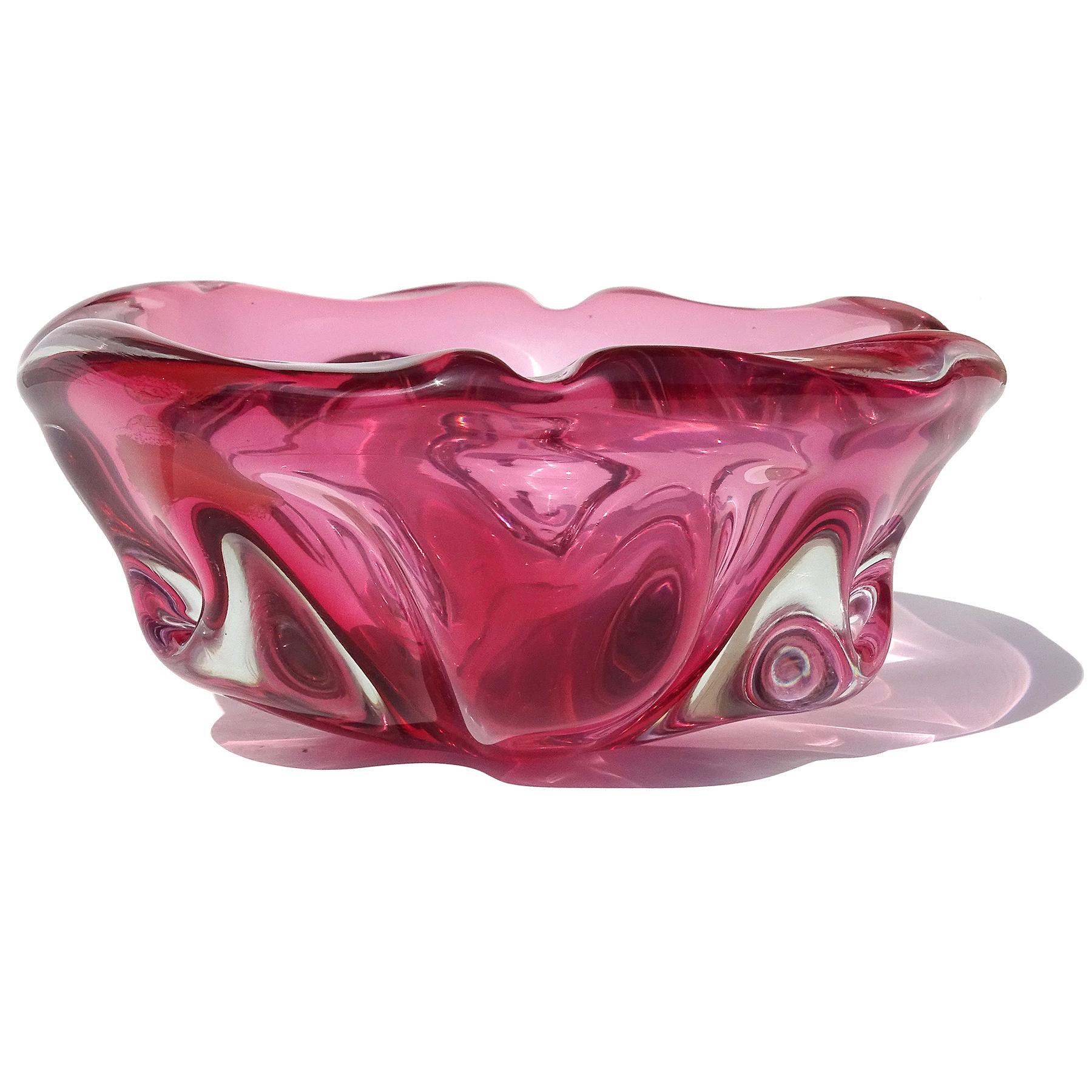 Hand-Crafted Barbini Murano Label Sommerso Pink Italian Art Glass Decorative Bowl Ashtray For Sale