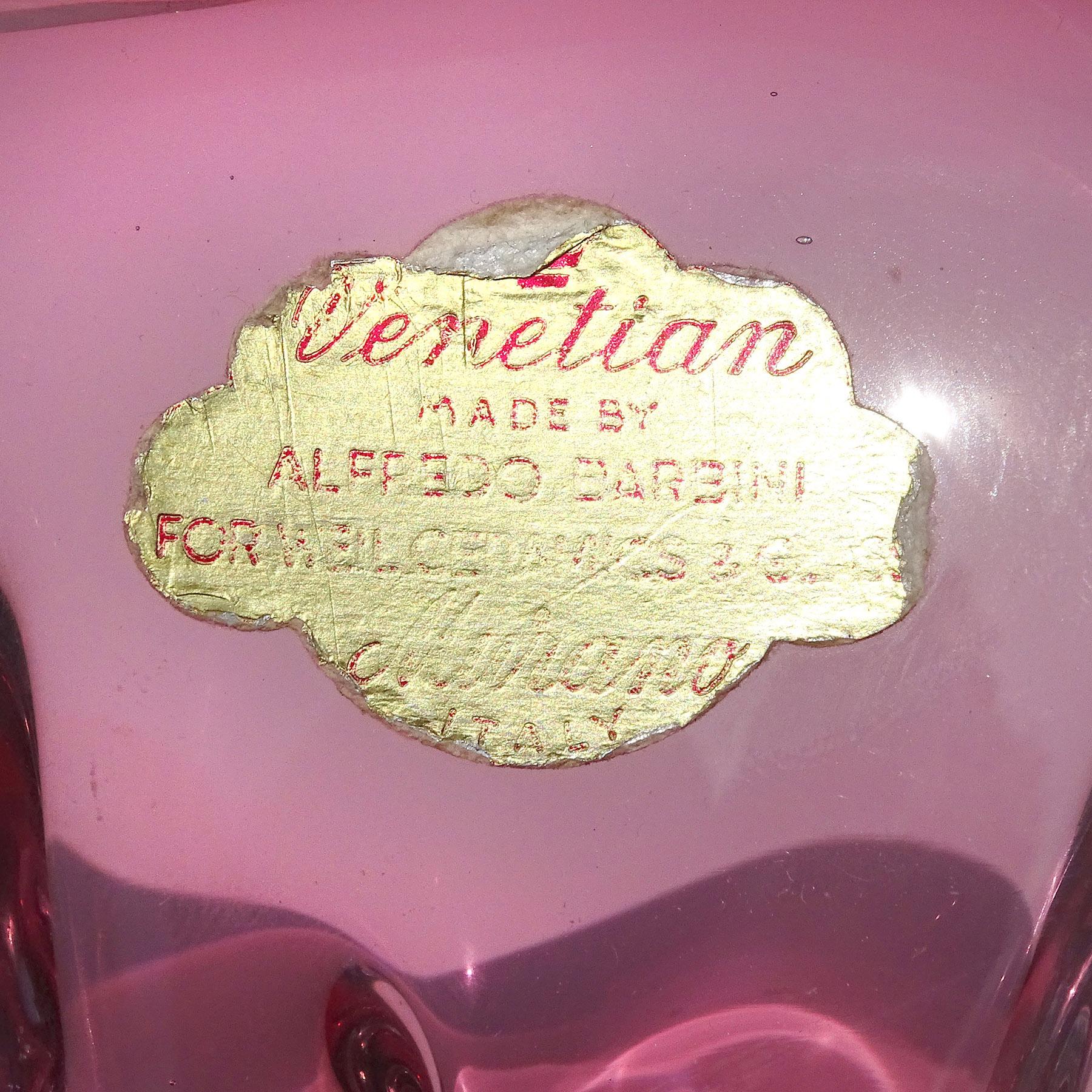 20th Century Barbini Murano Label Sommerso Pink Italian Art Glass Decorative Bowl Ashtray For Sale