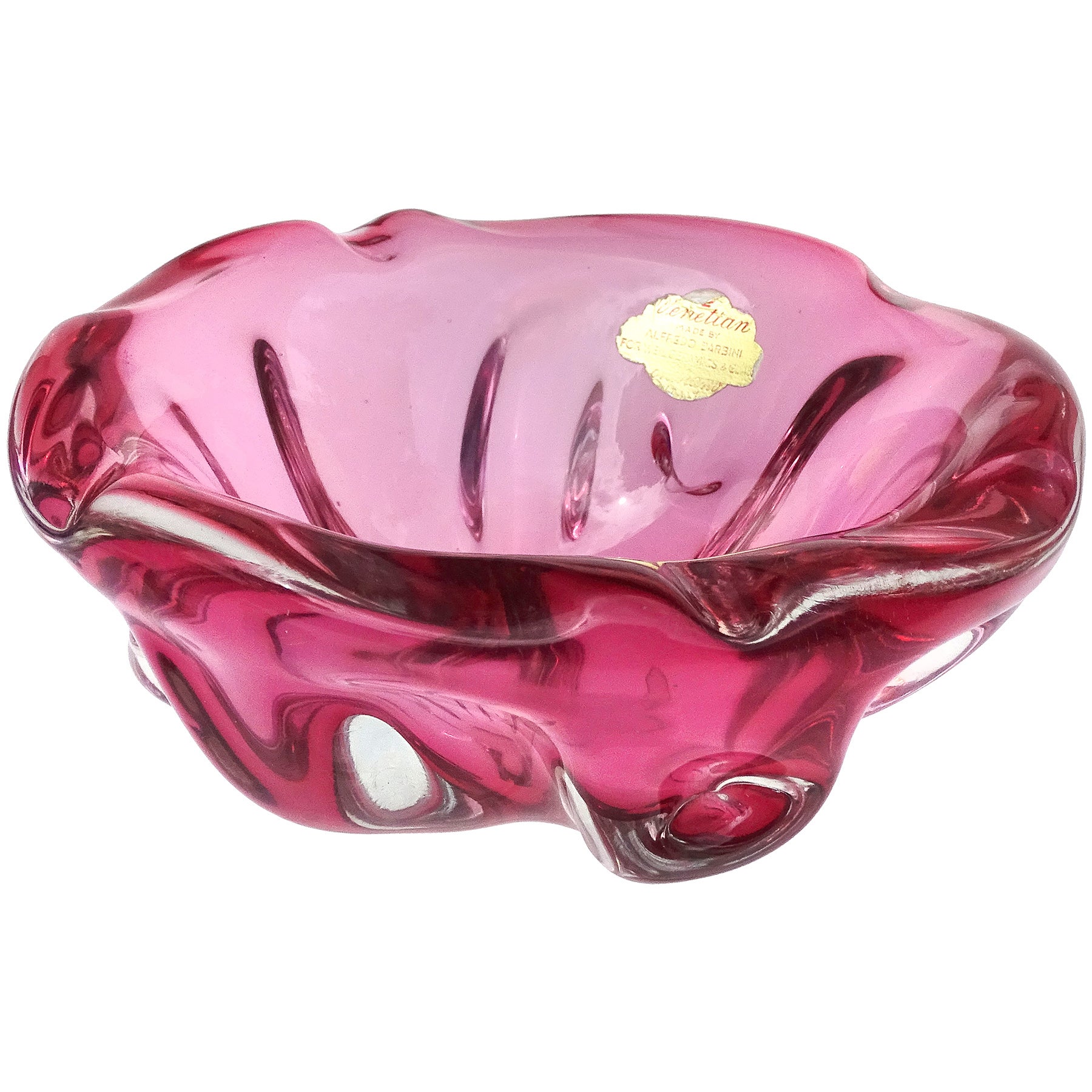 Barbini Murano Label Sommerso Pink Italian Art Glass Decorative Bowl Ashtray For Sale