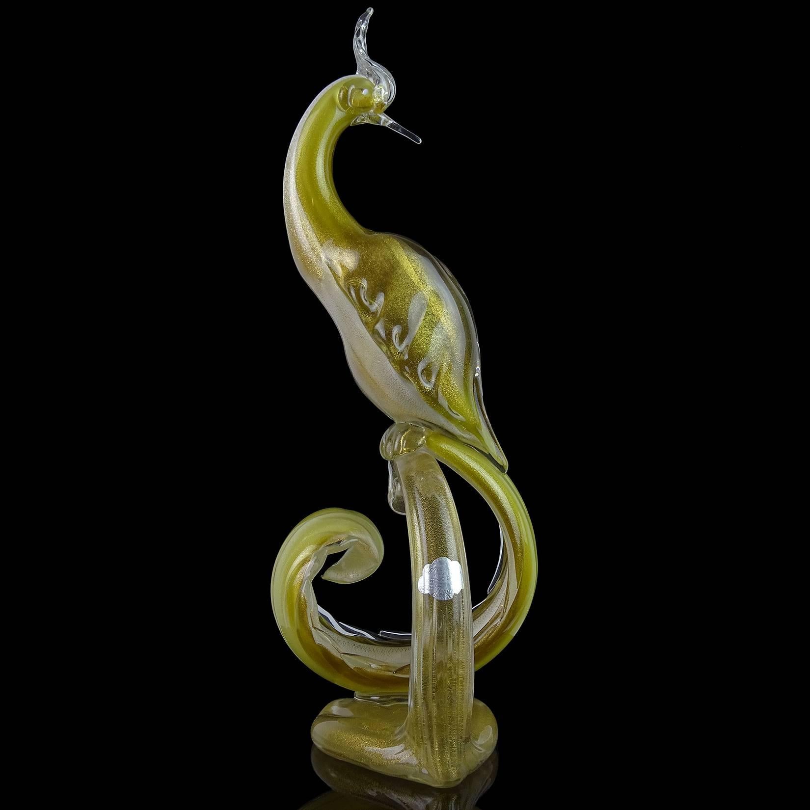 Mid-Century Modern Barbini Murano Olive Green Gold Flecks Italian Art Glass Pheasant Bird Sculpture