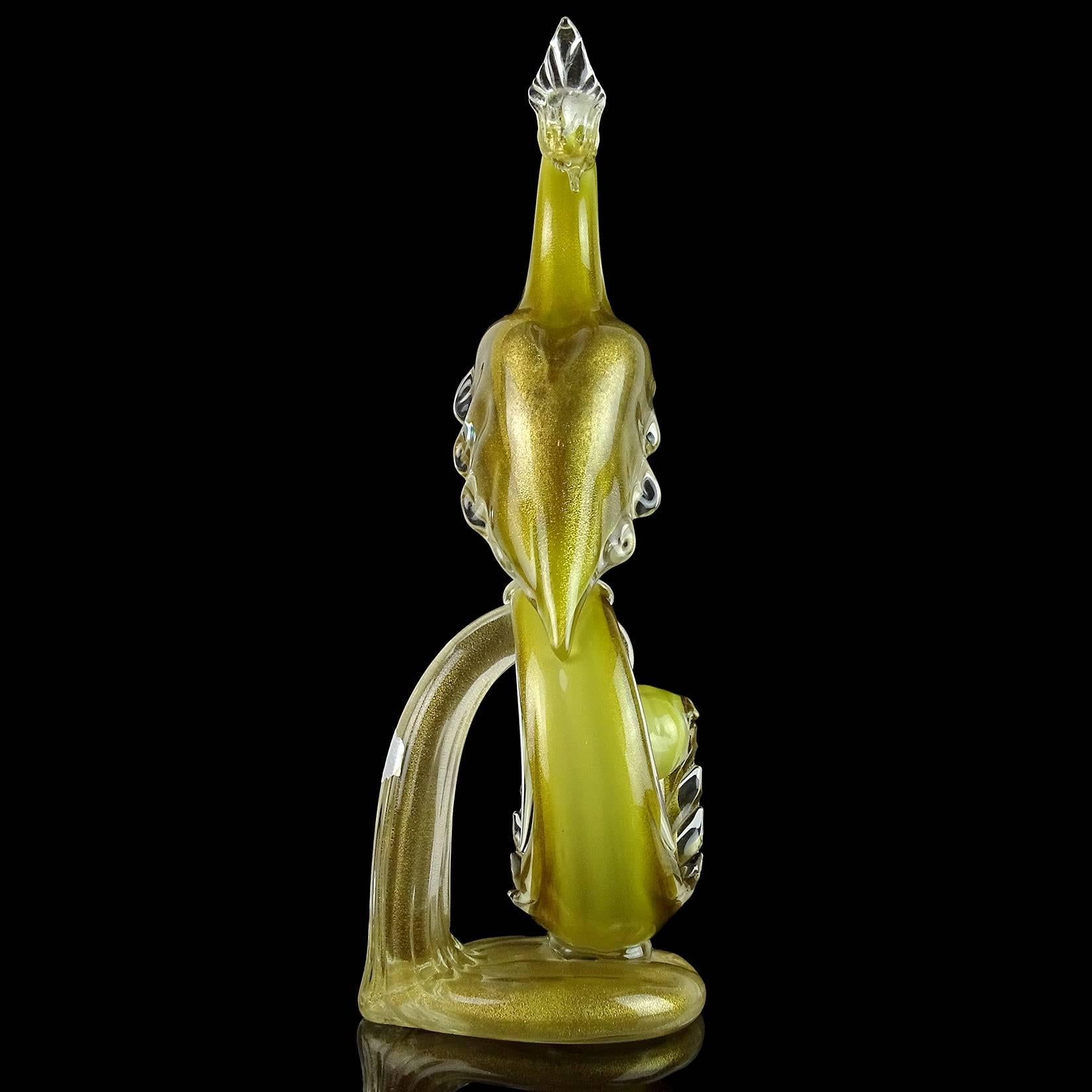 20th Century Barbini Murano Olive Green Gold Flecks Italian Art Glass Pheasant Bird Sculpture