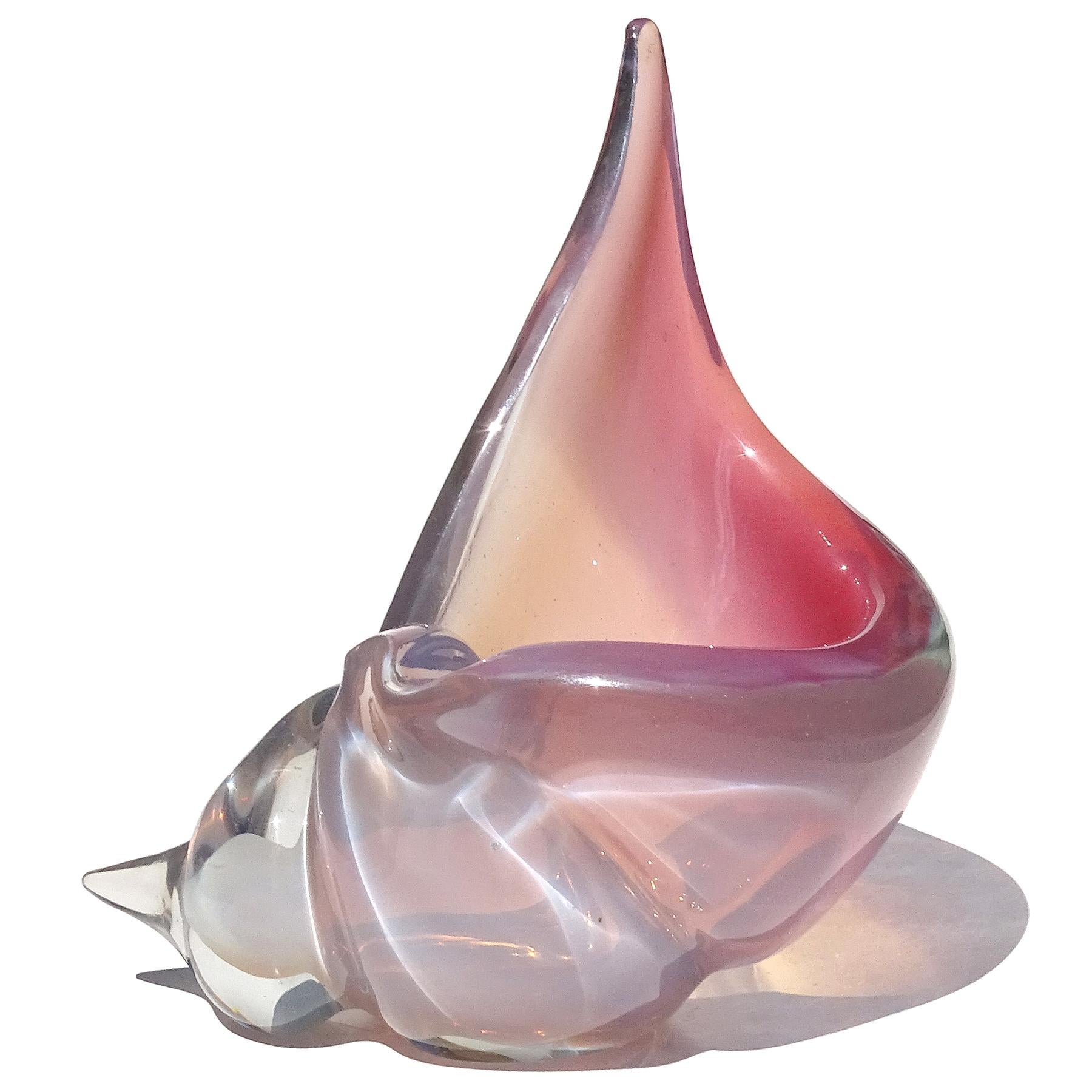 Fait main Barbini Murano Opal Pink White Italian Art Glass Seashell Sculpture Ashtray