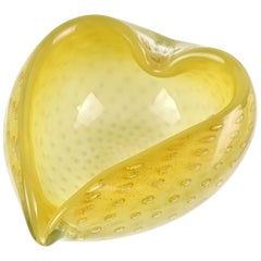 Barbini Murano Opal Yellow Gold Flecks Italian Art Glass Midcentury Heart Bowl
