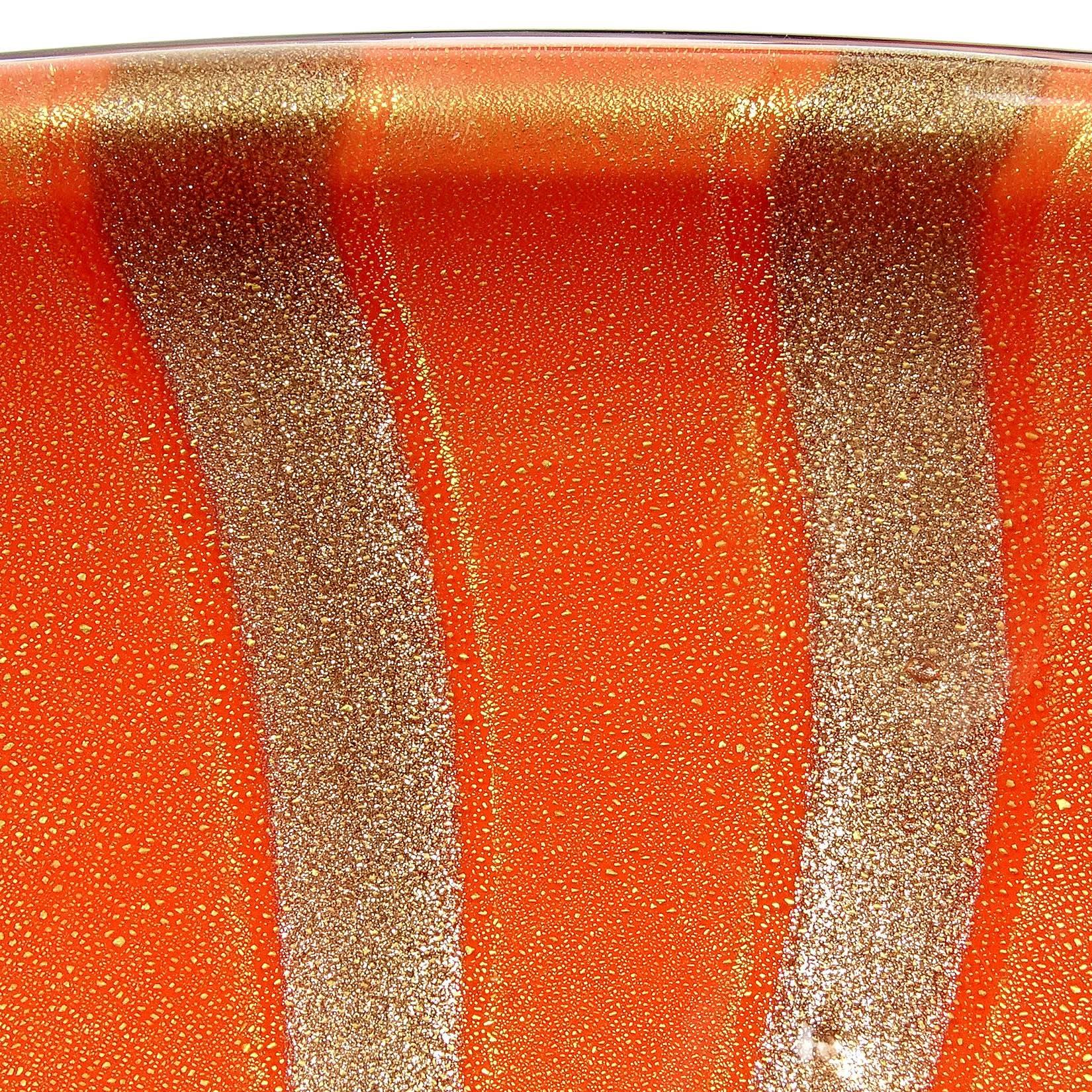 Space Age Barbini Murano Orange Gold Flecks Aventurine Stripes Italian Art Glass Bowl For Sale