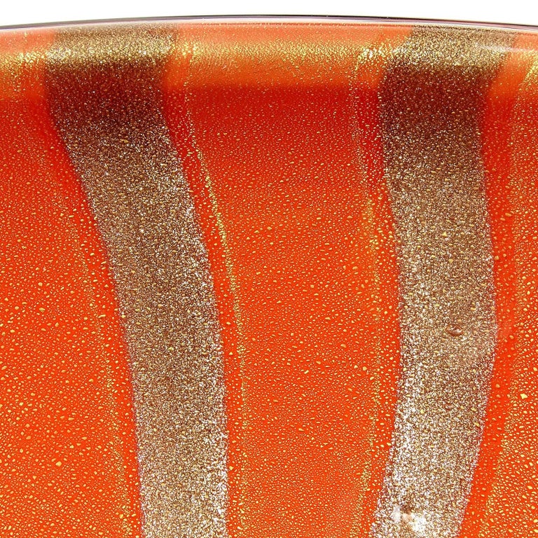 Space Age Barbini Murano Orange Gold Flecks Aventurine Stripes Italian Art Glass Bowl For Sale