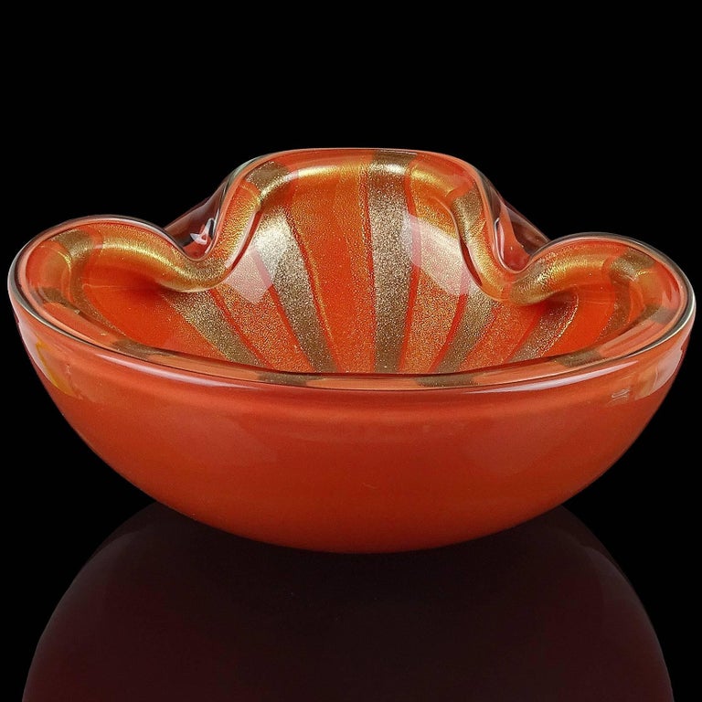 Hand-Crafted Barbini Murano Orange Gold Flecks Aventurine Stripes Italian Art Glass Bowl For Sale