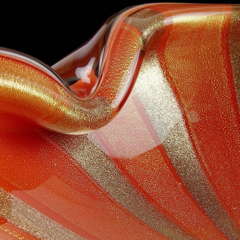 Barbini Murano Orange Gold Flecks Aventurine Stripes Italian Art Glass Bowl In Good Condition For Sale In Kissimmee, FL