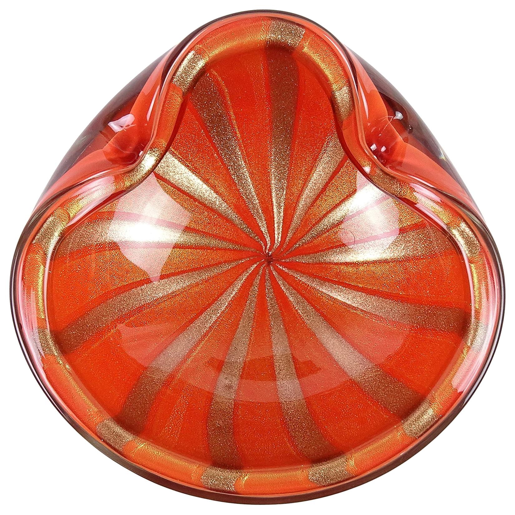 Barbini Murano Orange Gold Flecks Aventurine Stripes Italian Art Glass Bowl