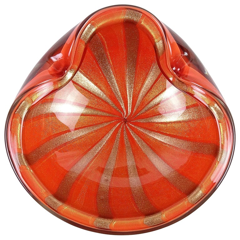 Barbini Murano Orange Gold Flecks Aventurine Stripes Italian Art Glass Bowl For Sale