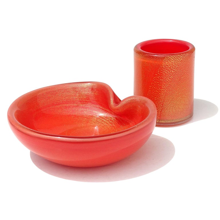 Barbini Murano Orange Gold Flecks Italian Art Glass Ring Dish Bowl